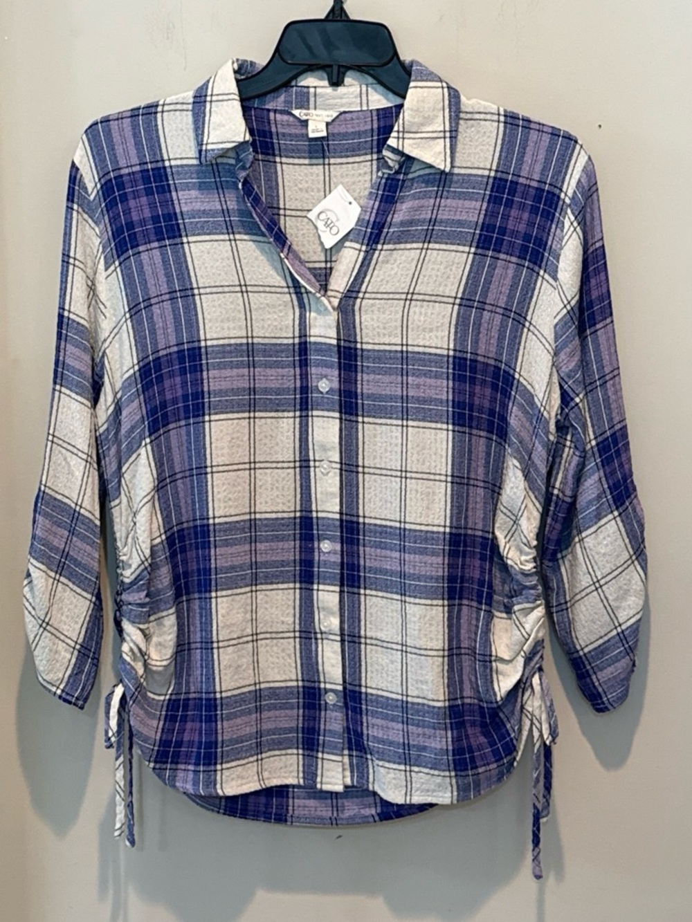 Cato Purple and White Plaid Button-Down Shirt with Side Ties